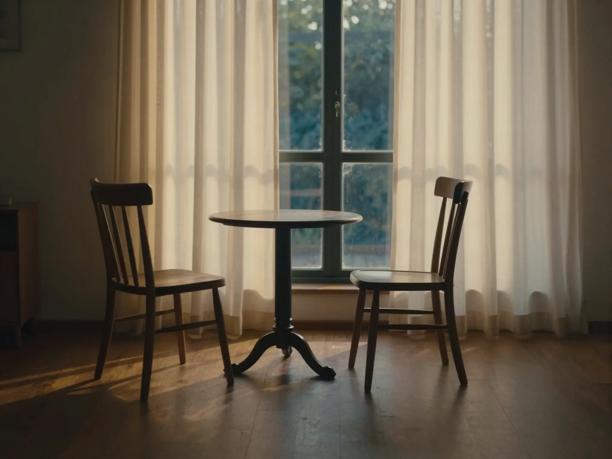 Duas cadeiras de madeira frente a frente junto a uma janela, em uma sala iluminada pela luz do fim da tarde.