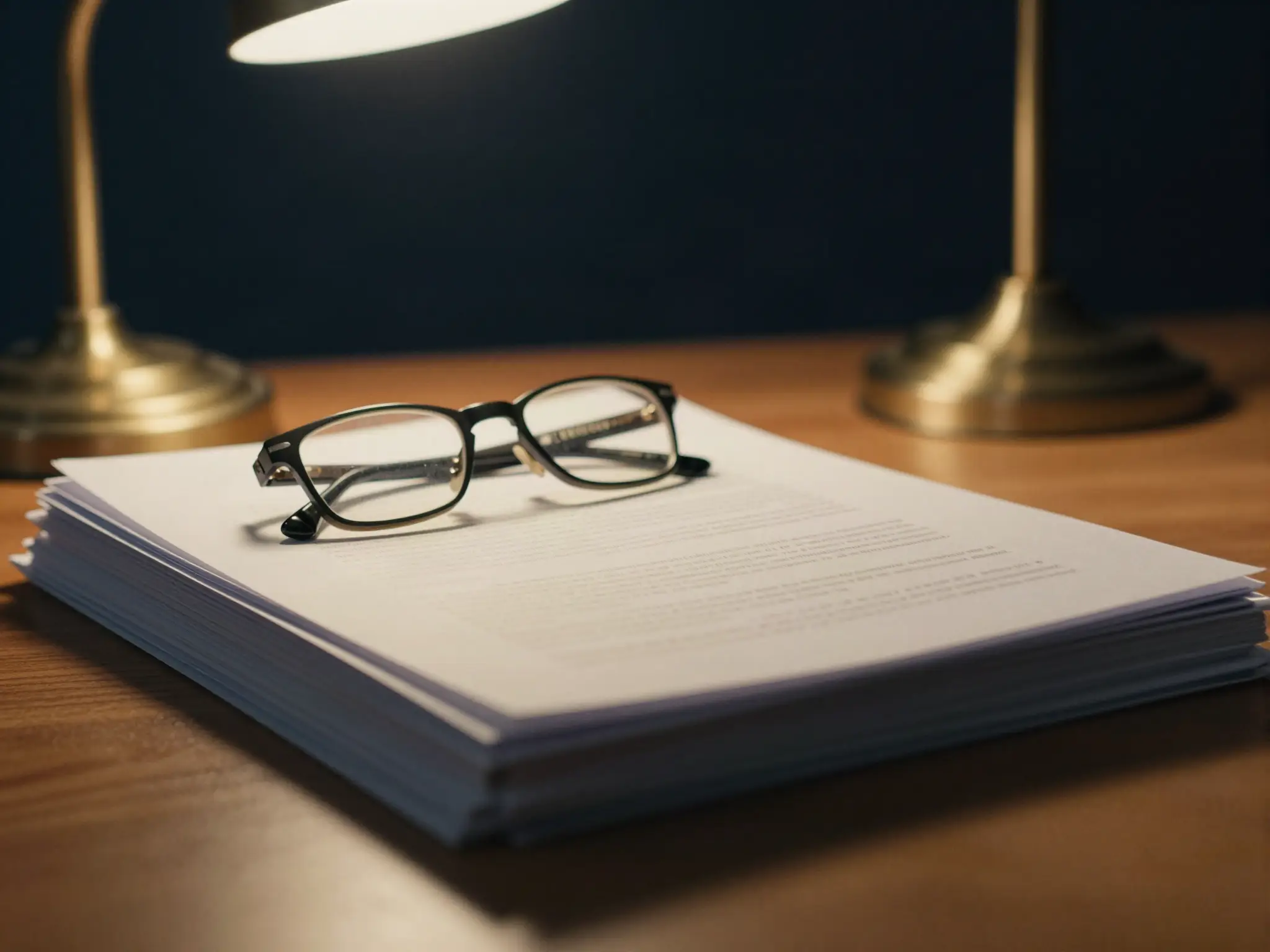 Documentos empilhados sobre uma mesa de madeira, com óculos de leitura e um abajur de luz quente.